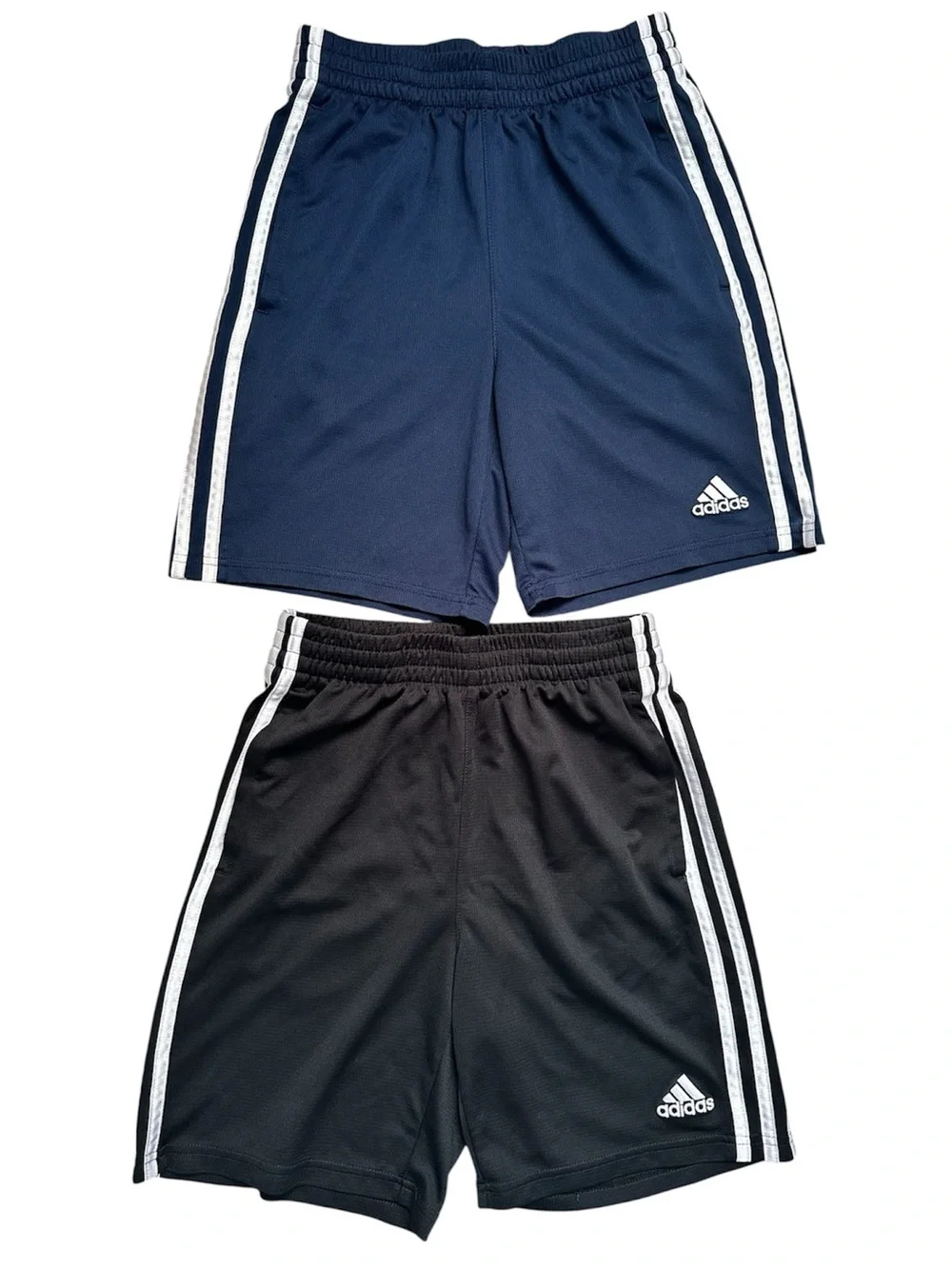 2 Pair Adidas Classic 3 Strip Shorts Blue Black Boys Medium 10/12